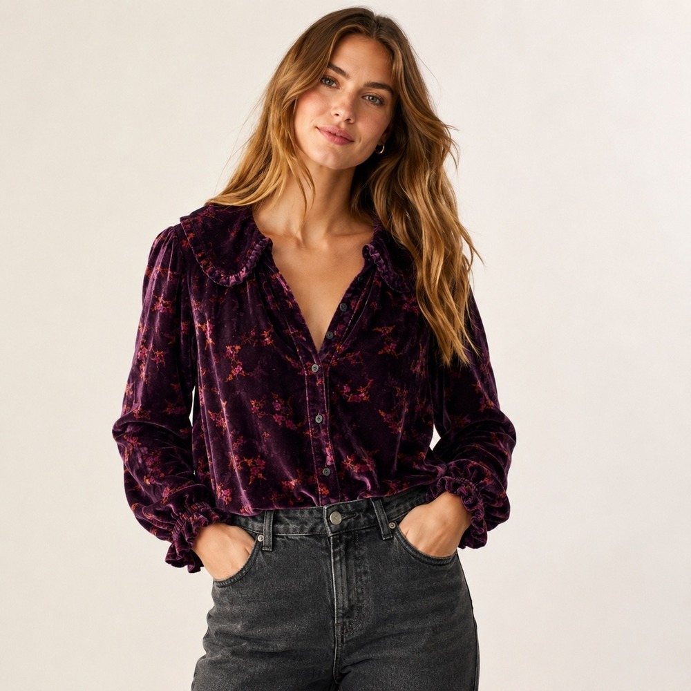 Pilcro and the Letterpress Purple Floral Velvet Peter Pan Collar Blouse Top M